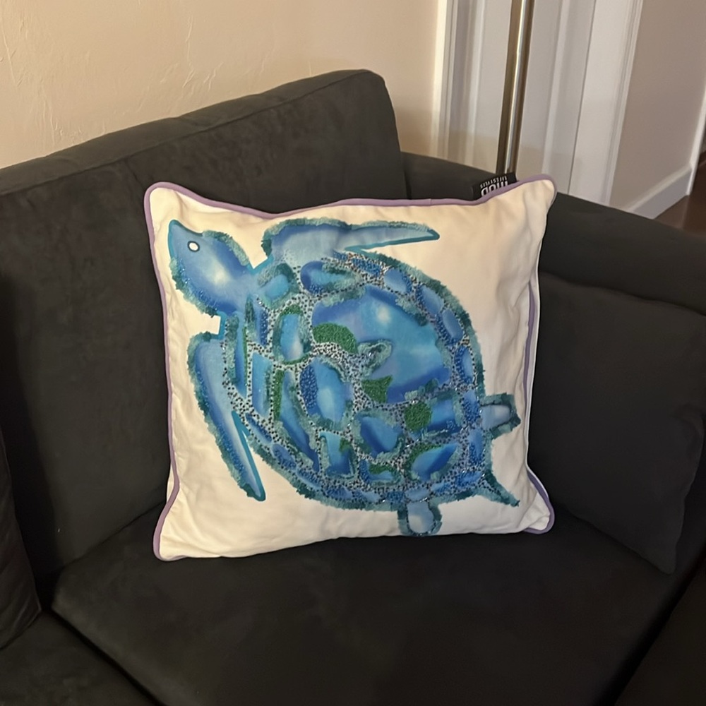 Sea Turtle Pillow Square Decorative in Blues with small beads on off-white